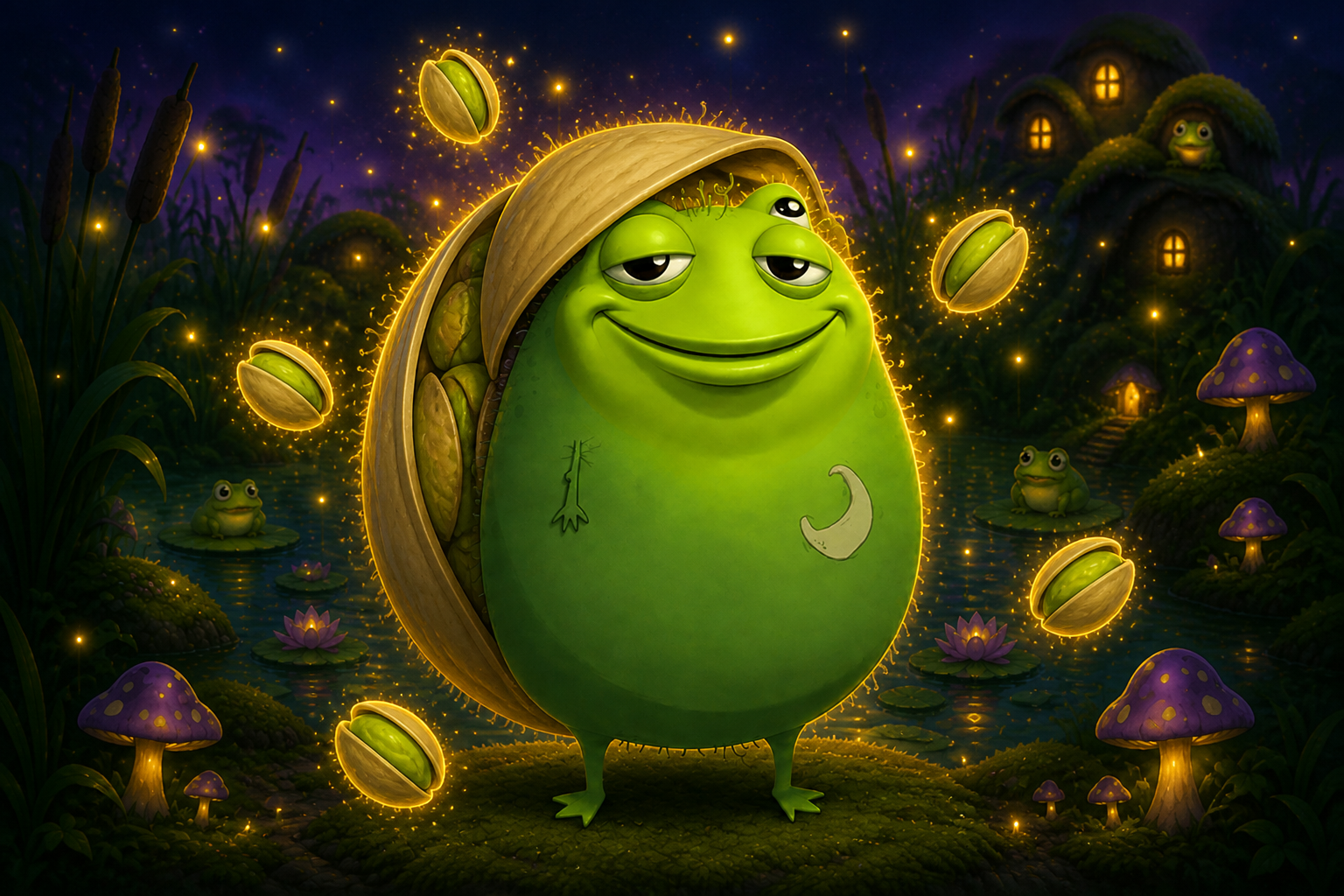 Toadstacio wearing a pistachio shell with orbiting nuts