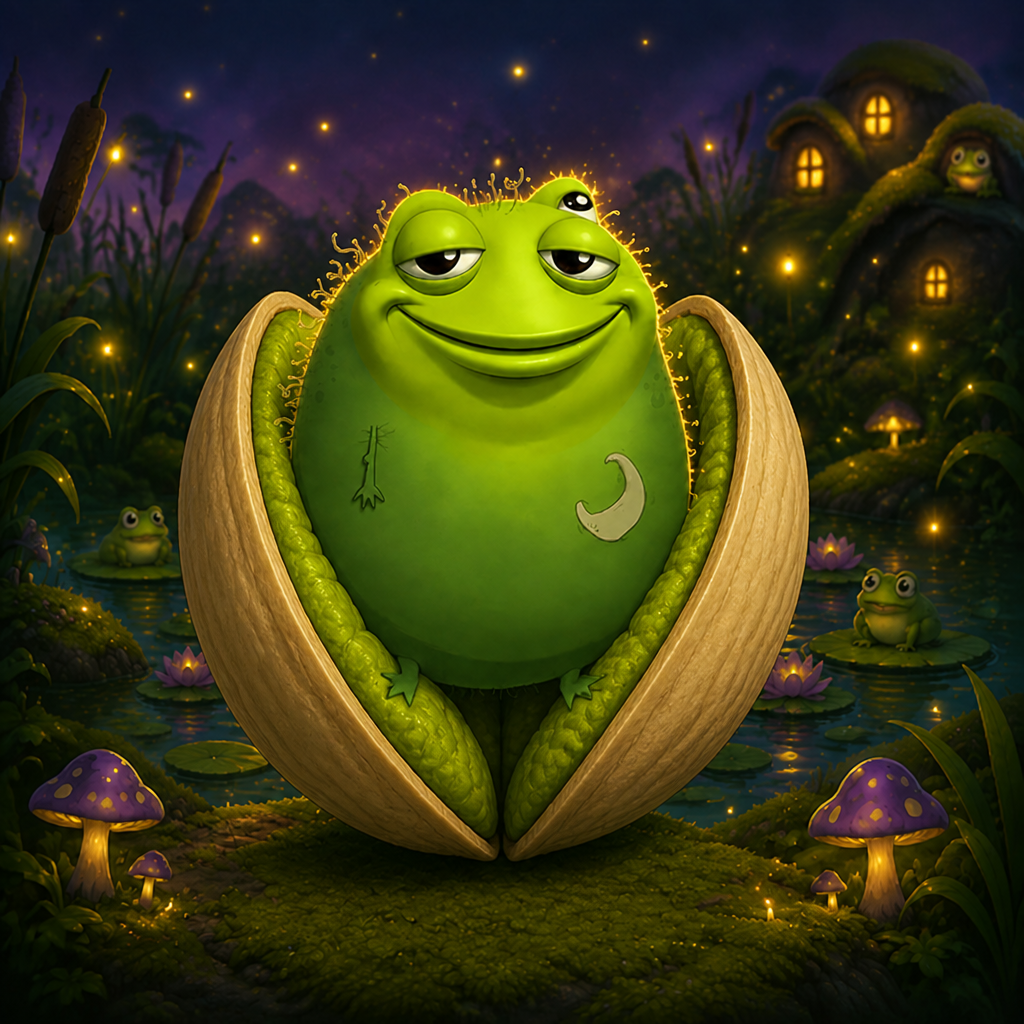 Toadstacio sitting in a cracked pistachio shell