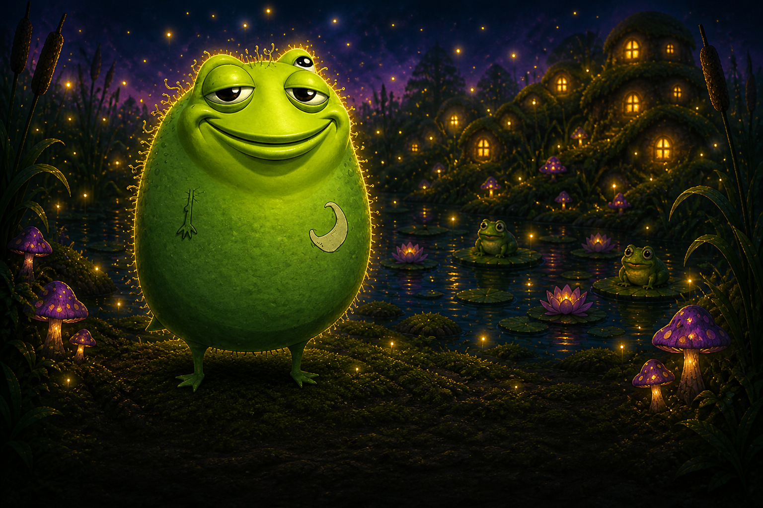 Toadstacio standing in a night swamp with fireflies and glowing mushrooms